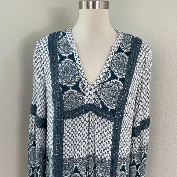 Knox Rose Womens Plus XXL Boho Tunic Dress V Neck Long Sleeve Blue - Picture 2 of 10